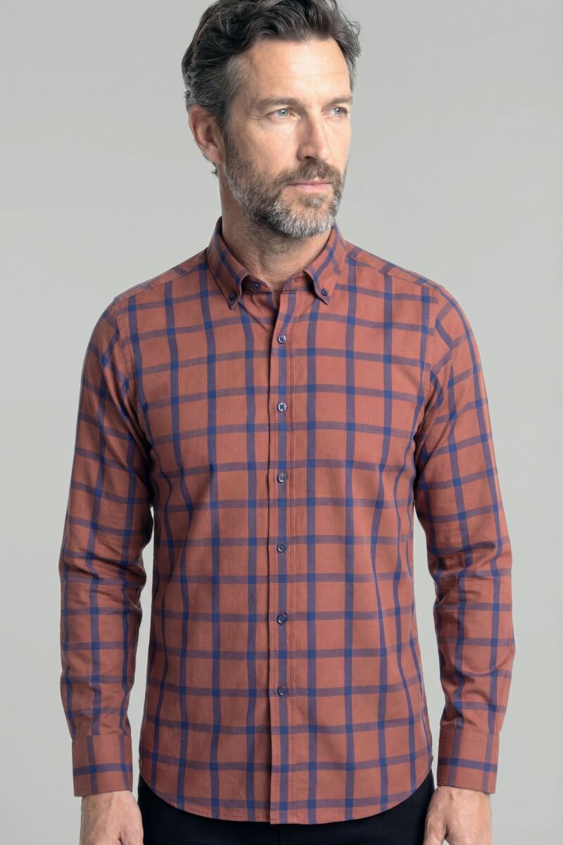 Regular Fit Paşa Yaka Ekose Pamuk Kiremit Erkek Gömlek - 3