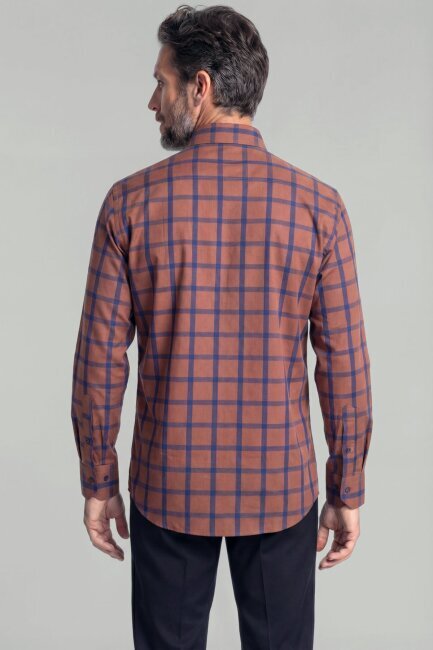 Regular Fit Paşa Yaka Ekose Pamuk Kiremit Erkek Gömlek - 2