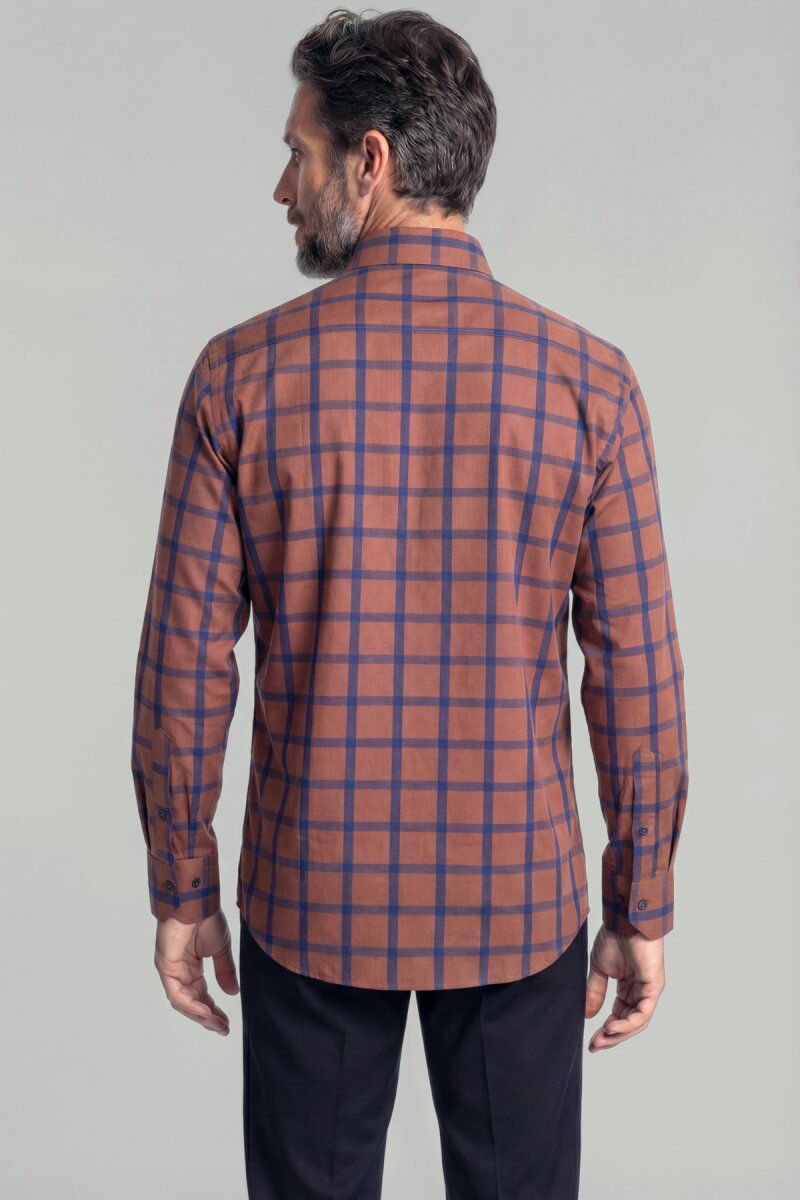 Regular Fit Paşa Yaka Ekose Pamuk Kiremit Erkek Gömlek - 2