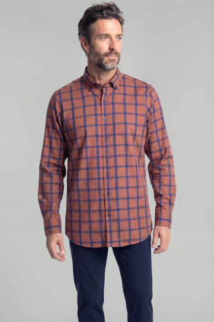 Regular Fit Paşa Yaka Ekose Pamuk Kiremit Erkek Gömlek 