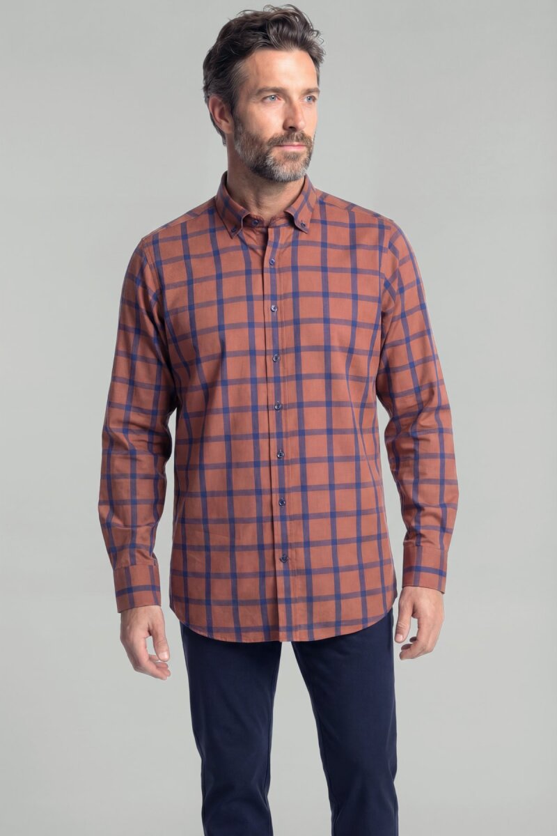 Regular Fit Paşa Yaka Ekose Pamuk Kiremit Erkek Gömlek - 1