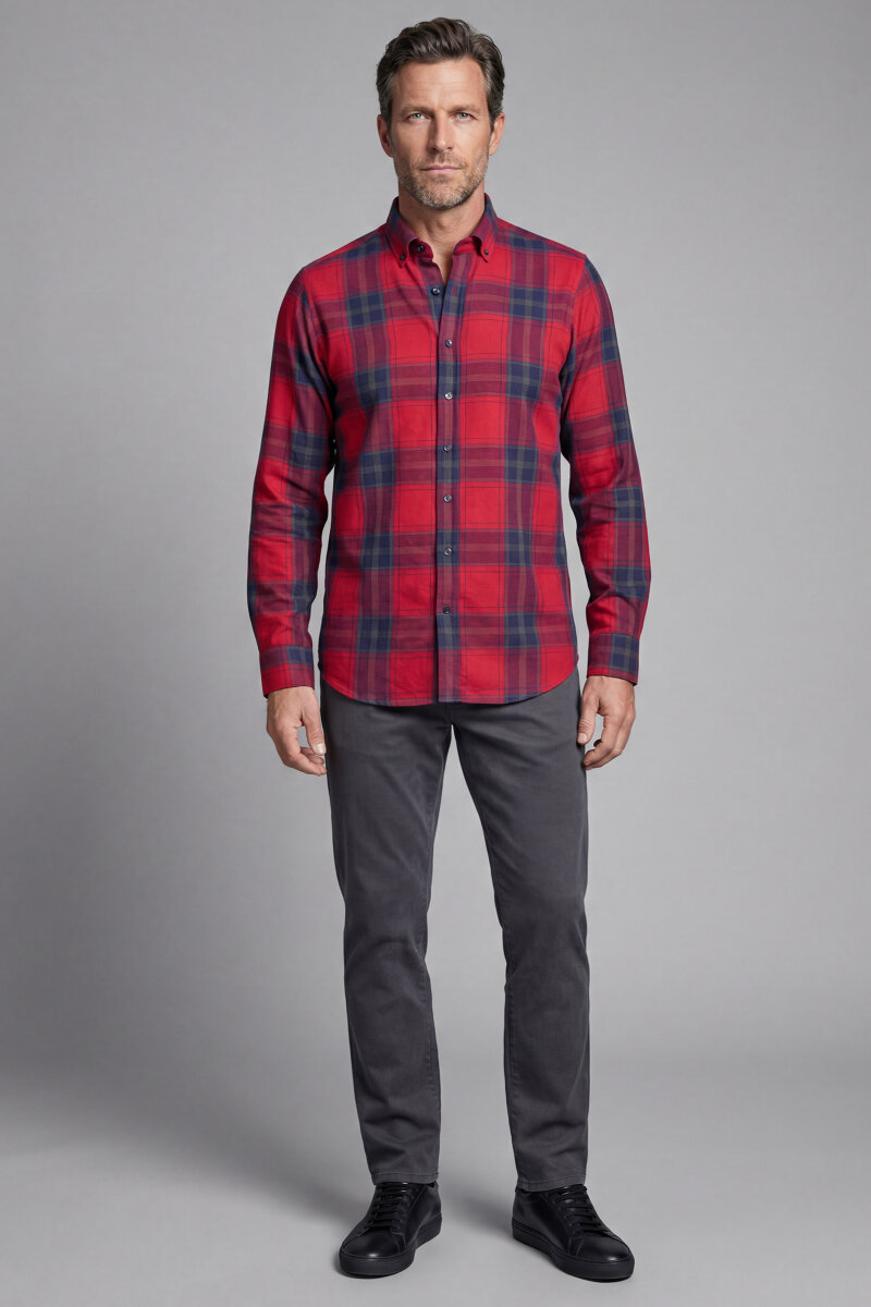 Regular Fit Paşa Yaka Ekose Pamuk Kırmızı Erkek Gömlek - 1