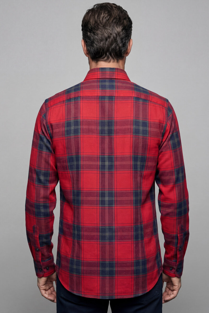 Regular Fit Paşa Yaka Ekose Pamuk Kırmızı Erkek Gömlek - 2