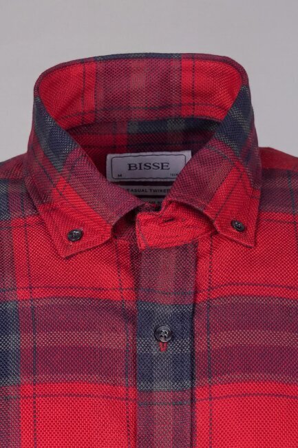 Regular Fit Paşa Yaka Ekose Pamuk Kırmızı Erkek Gömlek - 4