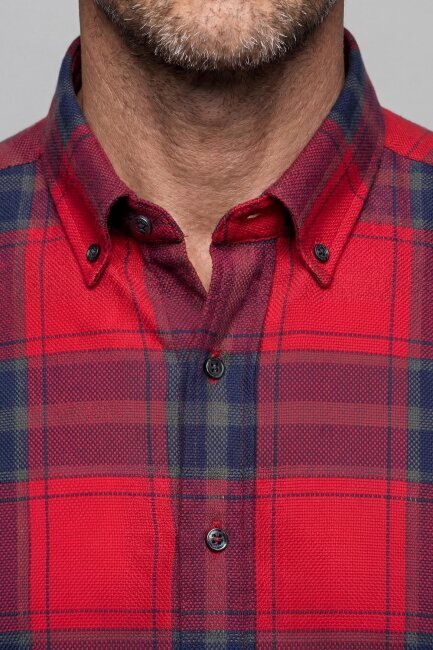 Regular Fit Paşa Yaka Ekose Pamuk Kırmızı Erkek Gömlek - 5