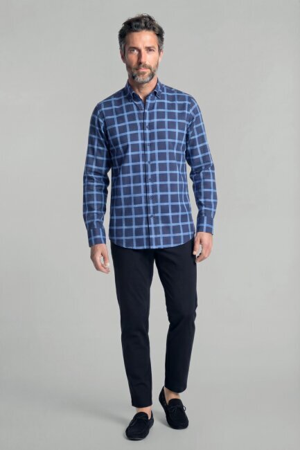 Regular Fit Paşa Yaka Ekose Pamuk Lacivert Erkek Gömlek - 3