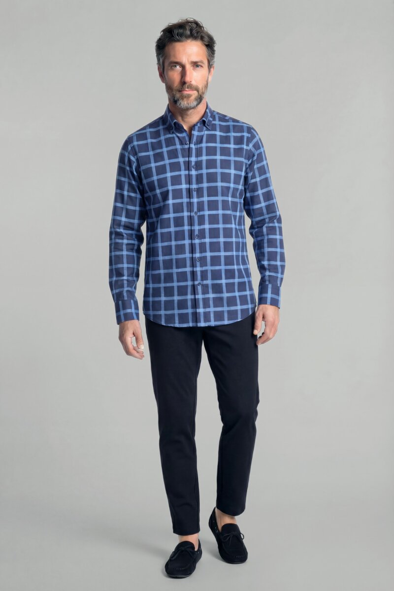 Regular Fit Paşa Yaka Ekose Pamuk Lacivert Erkek Gömlek - 3