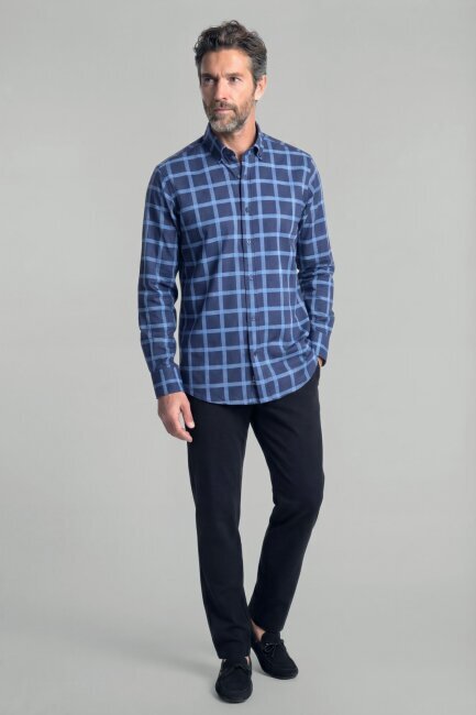 Regular Fit Paşa Yaka Ekose Pamuk Lacivert Erkek Gömlek - 4