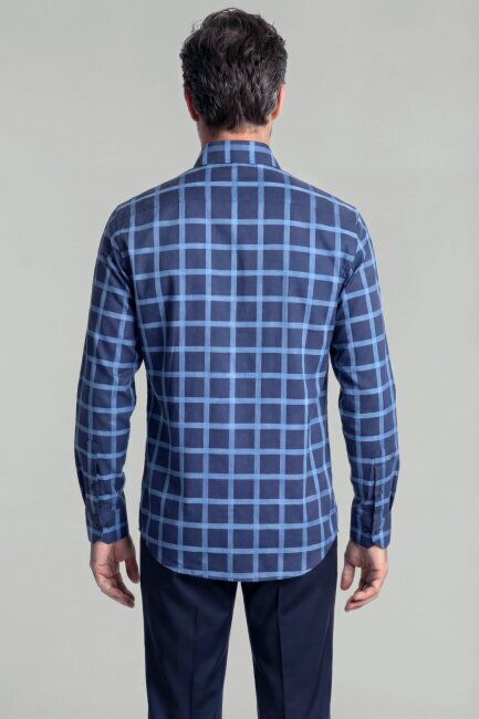 Regular Fit Paşa Yaka Ekose Pamuk Lacivert Erkek Gömlek - 2