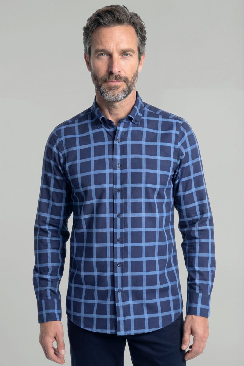 Regular Fit Paşa Yaka Ekose Pamuk Lacivert Erkek Gömlek - 1