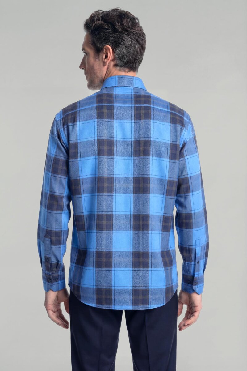 Regular Fit Paşa Yaka Ekose Pamuk Mavi Erkek Gömlek - 2