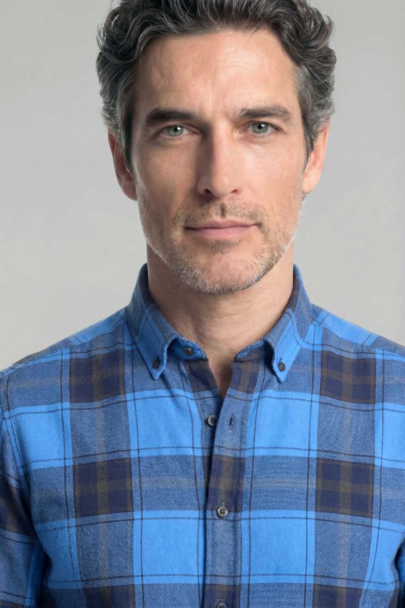 Regular Fit Paşa Yaka Ekose Pamuk Mavi Erkek Gömlek - 3