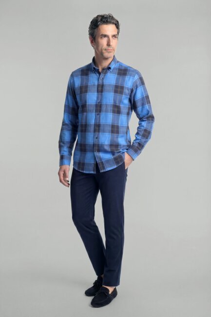Regular Fit Paşa Yaka Ekose Pamuk Mavi Erkek Gömlek - 4