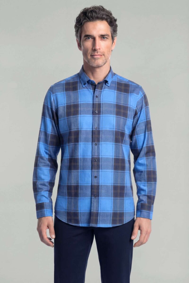 Regular Fit Paşa Yaka Ekose Pamuk Mavi Erkek Gömlek - 1