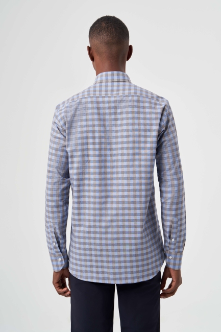 Regular Fit Paşa Yaka Ekoseli Açık Kahve Erkek Gömlek - 2