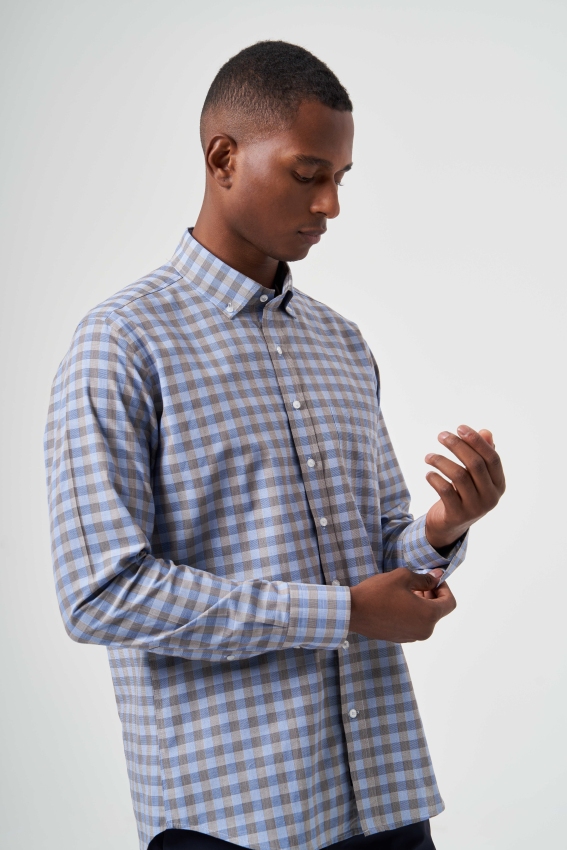 Regular Fit Paşa Yaka Ekoseli Açık Kahve Erkek Gömlek - 5