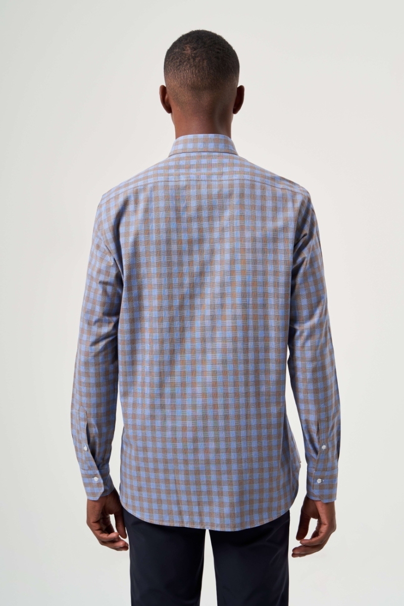 Regular Fit Paşa Yaka Ekoseli Kahve Erkek Gömlek - 2