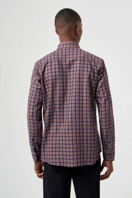 Regular Fit Paşa Yaka Ekoseli Kahve Spor Erkek Gömlek - 2