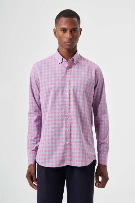 Regular Fit Paşa Yaka Ekoseli Kırmızı Erkek Gömlek 