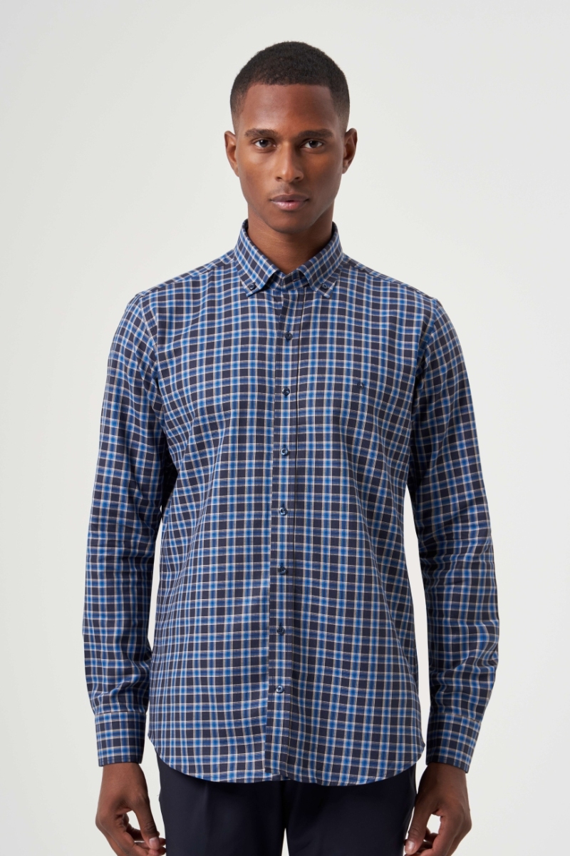 Regular Fit Paşa Yaka Ekoseli Lacivert Spor Erkek Gömlek - 1