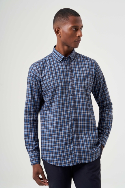 Regular Fit Paşa Yaka Ekoseli Lacivert Spor Erkek Gömlek - 4