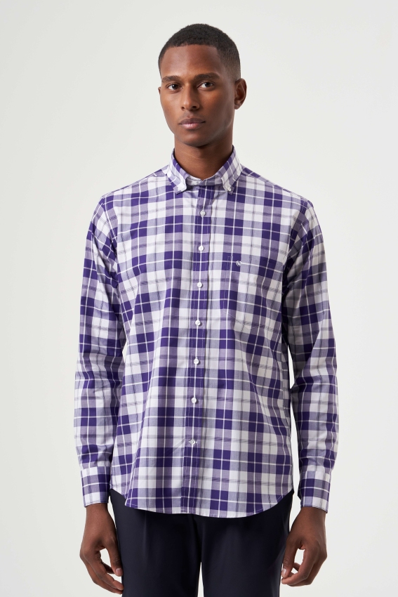 Regular Fit Paşa Yaka Ekoseli Lila Erkek Gömlek - 1