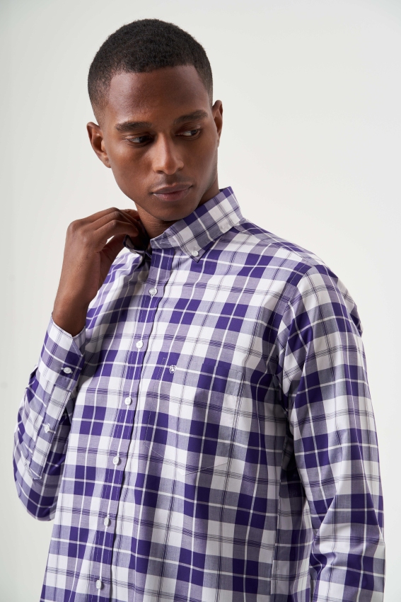 Regular Fit Paşa Yaka Ekoseli Lila Erkek Gömlek - 5