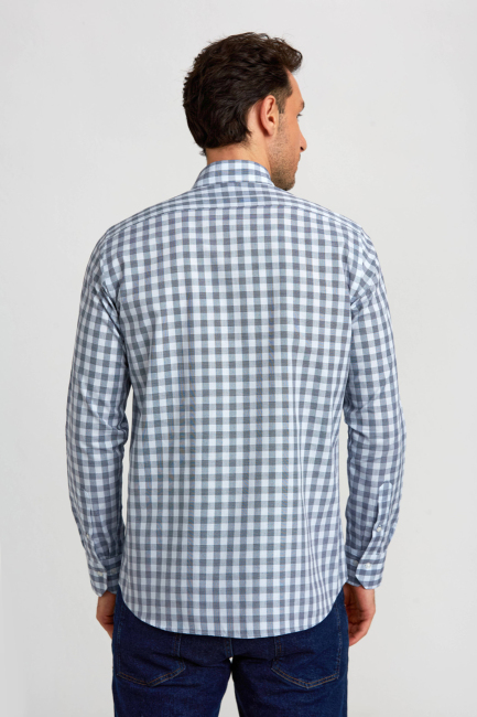 Regular Fit Paşa Yaka Ekoseli Mavi Erkek Gömlek - 2