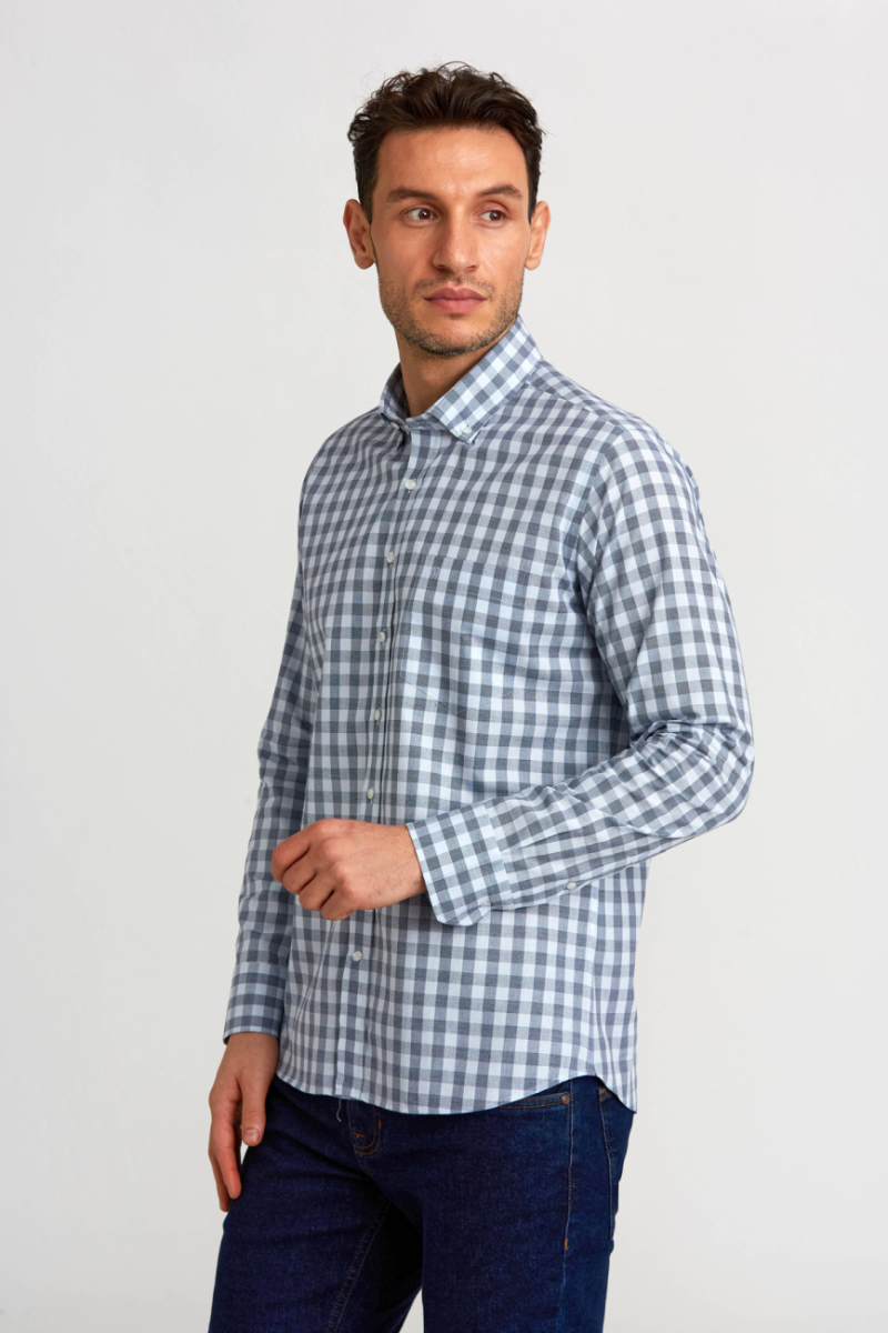 Regular Fit Paşa Yaka Ekoseli Mavi Erkek Gömlek - 1