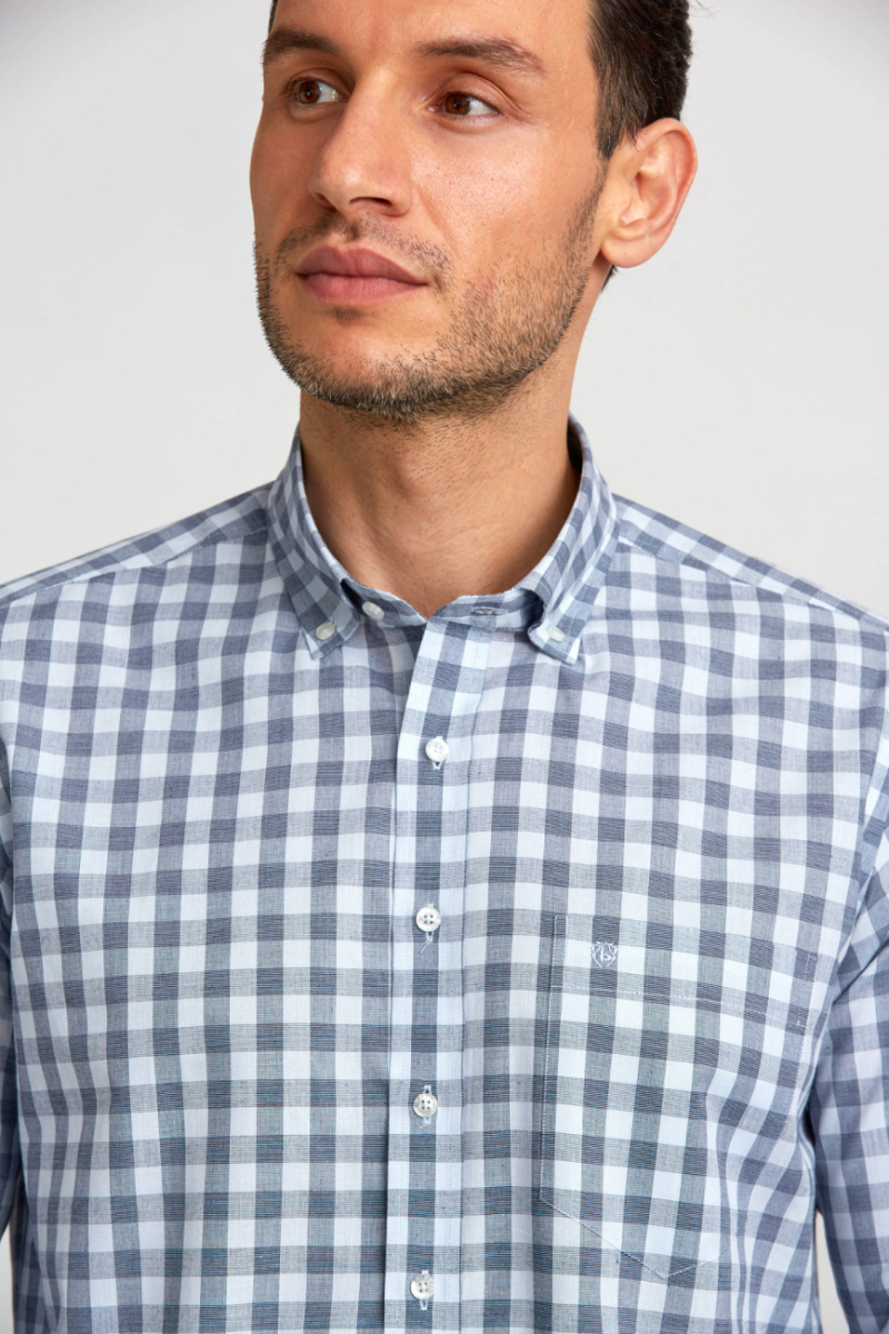 Regular Fit Paşa Yaka Ekoseli Mavi Erkek Gömlek - 5