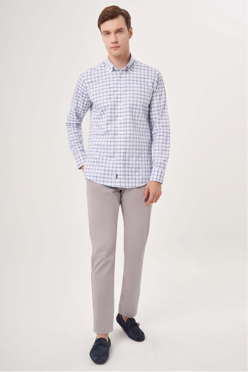 Regular Fit Paşa Yaka Ekoseli Mavi Spor Erkek Gömlek - 4