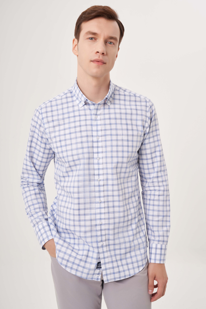 Regular Fit Paşa Yaka Ekoseli Mavi Spor Erkek Gömlek - 1