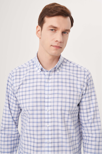 Regular Fit Paşa Yaka Ekoseli Mavi Spor Erkek Gömlek - 3