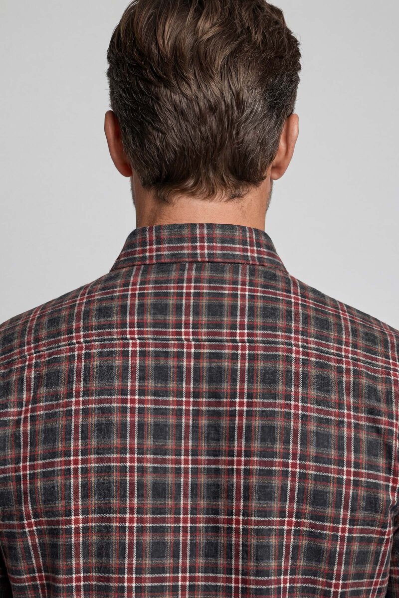 Regular Fit Paşa Yaka Ekoseli Pamuk Akrilik Bordo Erkek Gömlek - 2