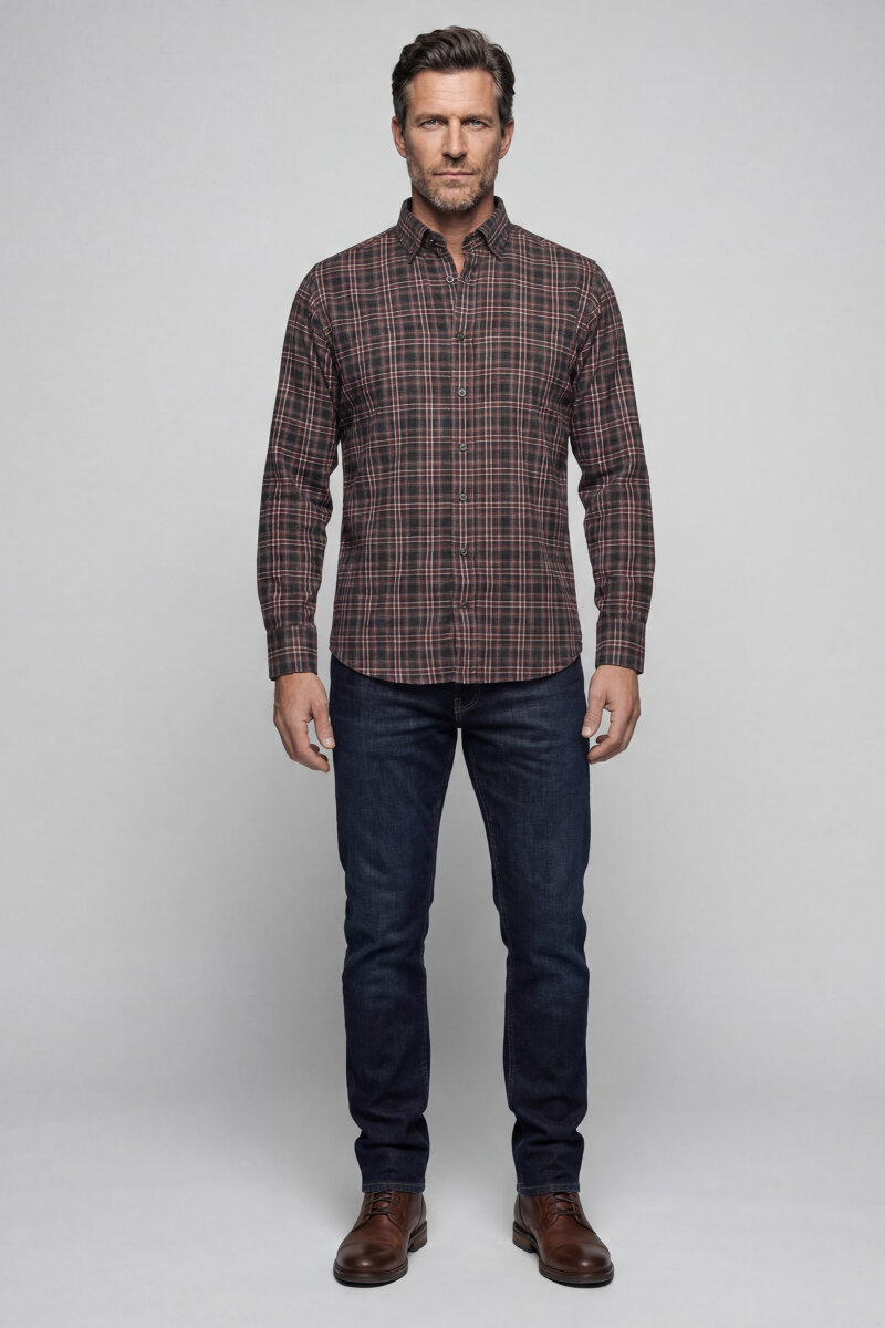 Regular Fit Paşa Yaka Ekoseli Pamuk Akrilik Bordo Erkek Gömlek - 4