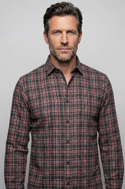 Regular Fit Paşa Yaka Ekoseli Pamuk Akrilik Bordo Erkek Gömlek - 1