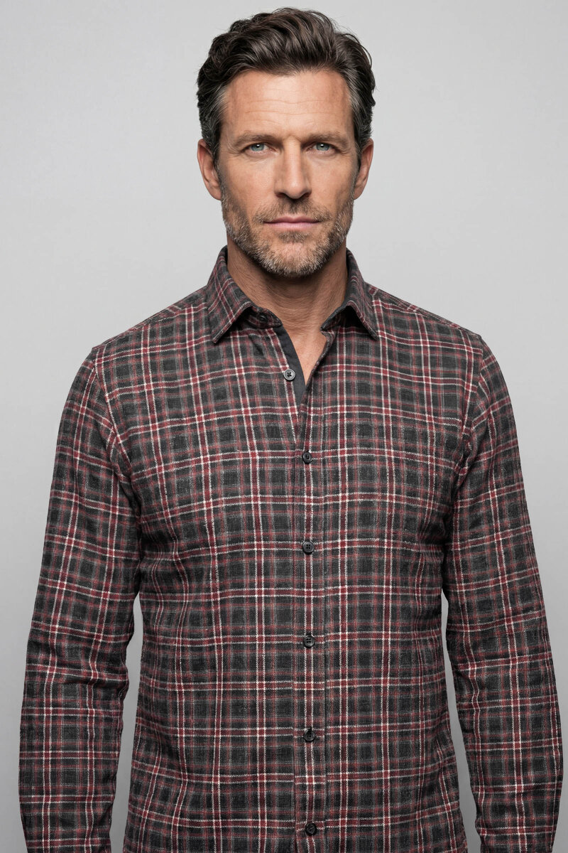 Regular Fit Paşa Yaka Ekoseli Pamuk Akrilik Bordo Erkek Gömlek - 1