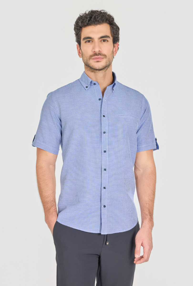 Regular Fit Paşa Yaka Fleto Cep Lacivert Pamuk Erkek Gömlek - 1
