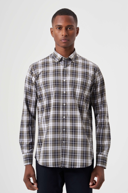 Regular Fit Paşa Yaka Haki Ekoseli Erkek Gömlek - 1