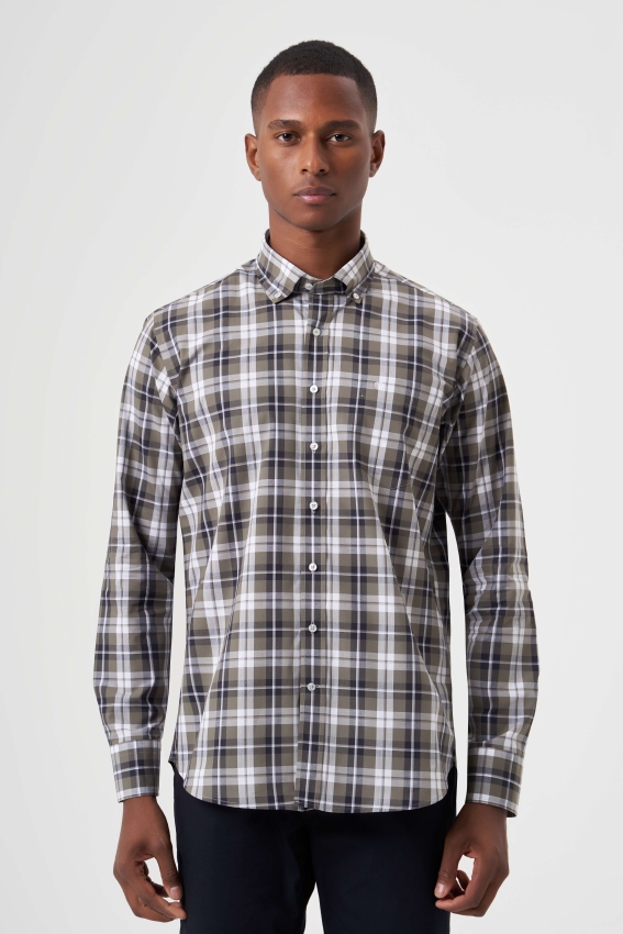 Regular Fit Paşa Yaka Haki Ekoseli Erkek Gömlek - 1