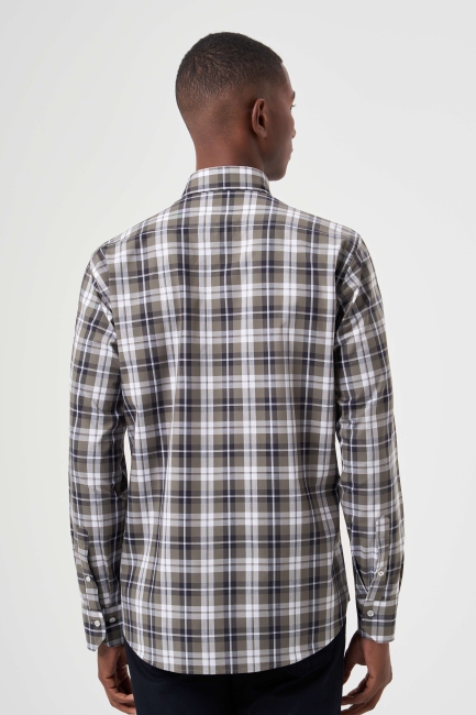 Regular Fit Paşa Yaka Haki Ekoseli Erkek Gömlek - 2