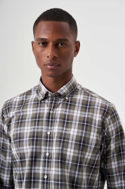 Regular Fit Paşa Yaka Haki Ekoseli Erkek Gömlek - 4