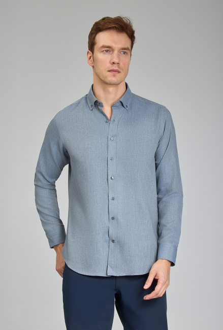 Regular Fit Paşa Yaka İndigo Spor Erkek Gömlek - 1