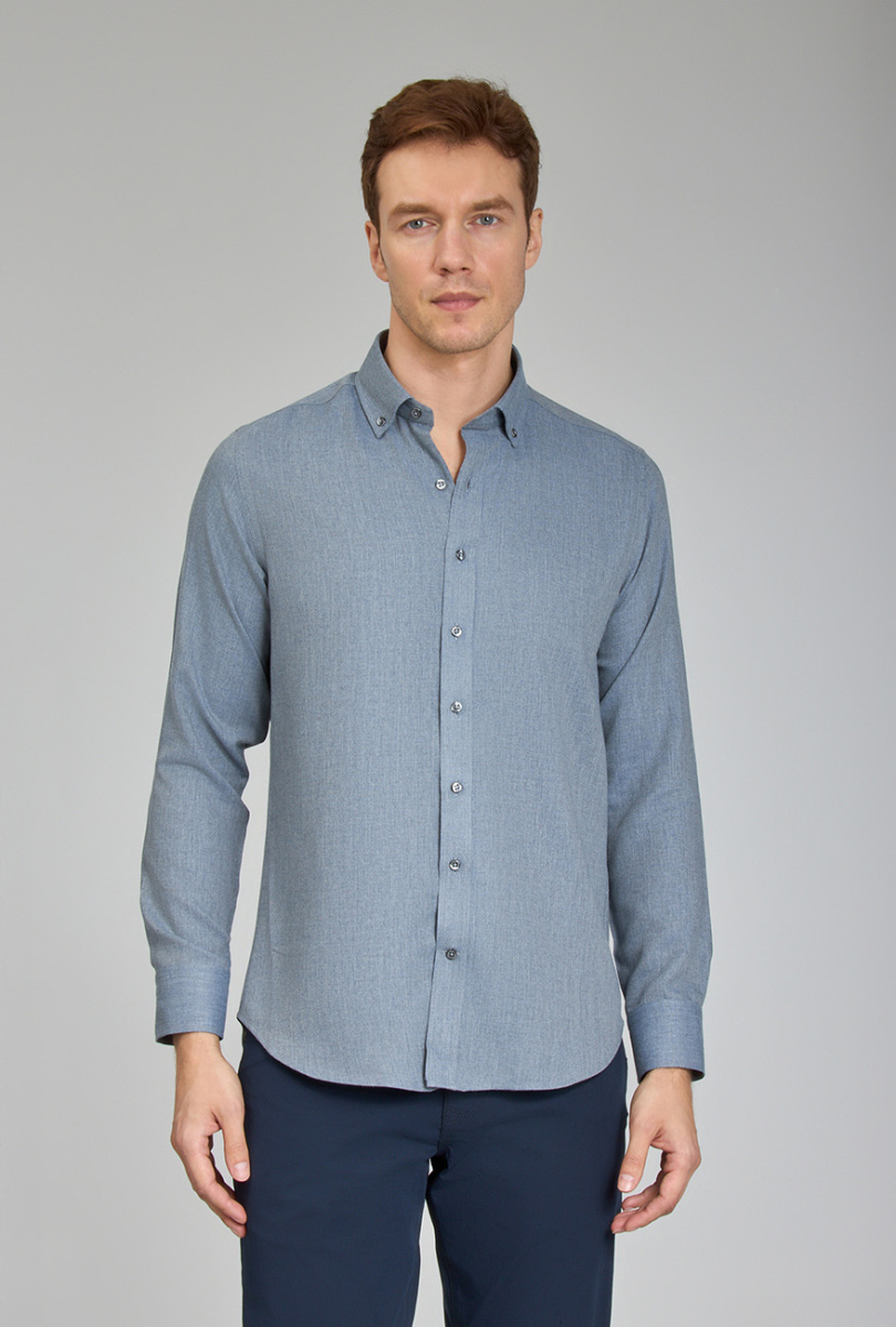 Regular Fit Paşa Yaka İndigo Spor Erkek Gömlek - 3