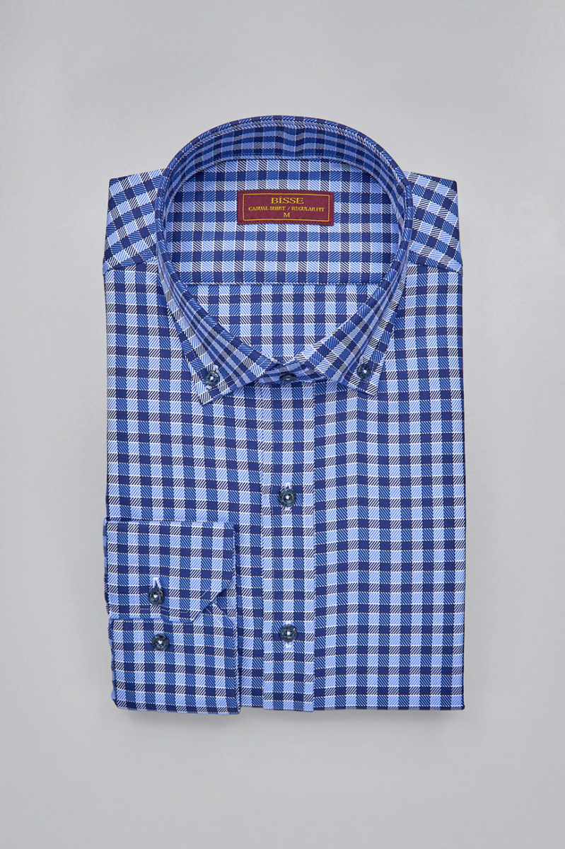 Regular Fit Paşa Yaka Kare Desenli Lacivert Pamuk Erkek Gömlek - 3