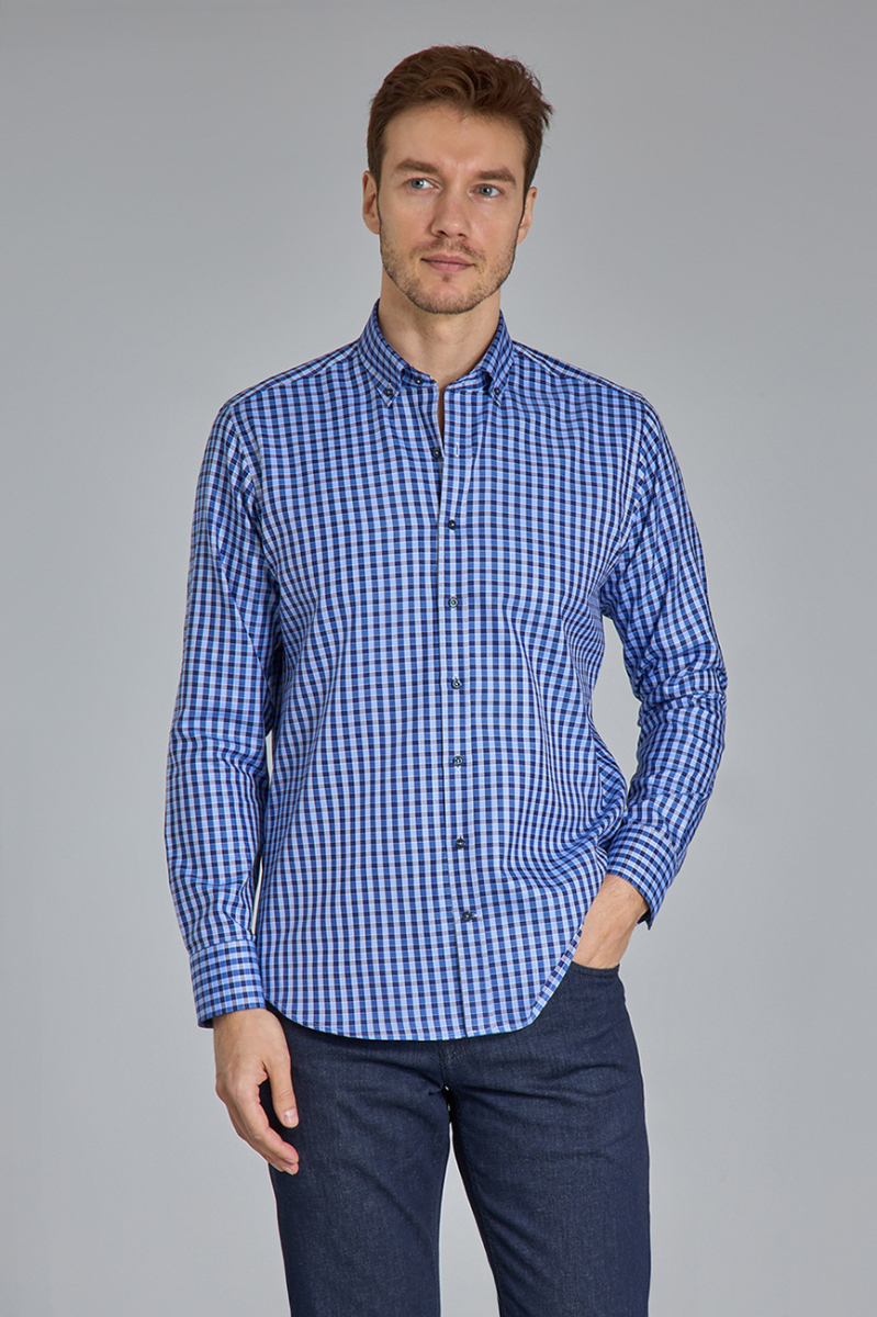 Regular Fit Paşa Yaka Kare Desenli Lacivert Pamuk Erkek Gömlek - 5