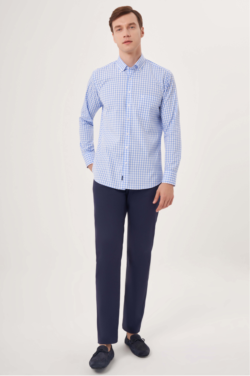 Regular Fit Paşa Yaka Kareli Mavi Spor Erkek Gömlek - 4