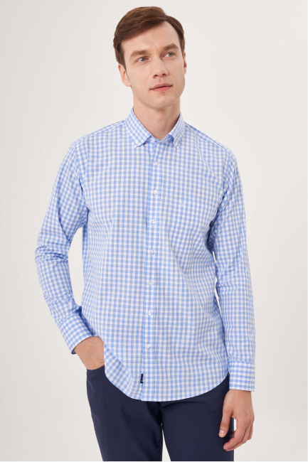 Regular Fit Paşa Yaka Kareli Mavi Spor Erkek Gömlek - 1