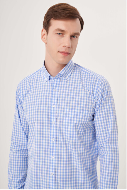 Regular Fit Paşa Yaka Kareli Mavi Spor Erkek Gömlek - 3