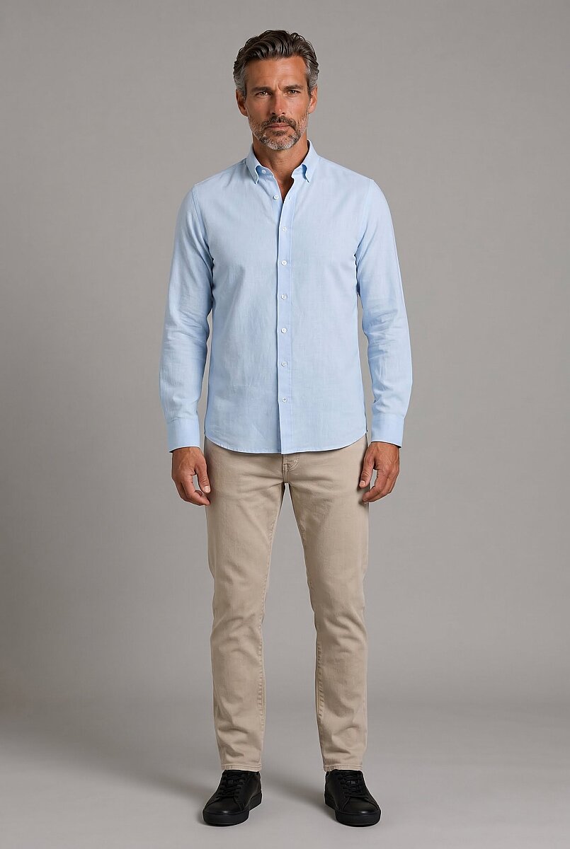 Mavi Regular Fit Keten Paşa Yaka Gömlek - 6